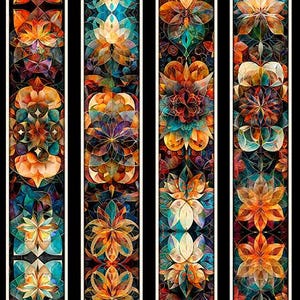 Puede incluir: Cuatro paneles verticales con un patrón repetitivo de mandalas florales estilo vitral. Los diseños incorporan tonos vibrantes de naranja, azul verdoso, oro y morado intenso, separados por bordes blancos finos sobre un fondo negro sólido.