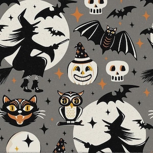 May include: Halloween-themed pattern featuring a witch on a broom, bats, a jack-o'-lantern, a cat, an owl, and skulls. The design includes orange stars and moons on a gray background. The illustrations are in black, white, and orange.