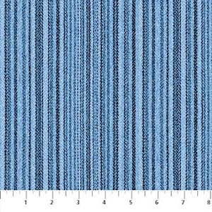 May include: Blue and white striped fabric with a denim texture. The fabric has a subtle sheen and a soft, woven feel.