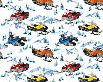 Snowmobile Toss on White from the Winter Sports Collection by Northcott Fabrics - 100% Cotton
