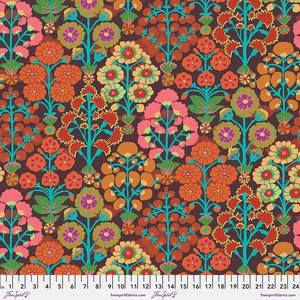 May include: A colourful floral fabric with a repeating pattern of flowers and leaves in shades of orange, red, pink, yellow, green, and blue on a dark brown background.