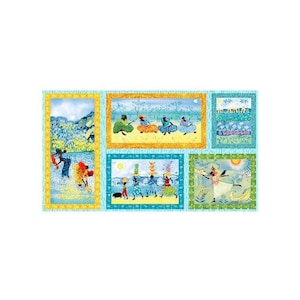 May include: A colorful fabric panel featuring six rectangular scenes with illustrations of people in vibrant clothing. The scenes are framed in yellow and teal borders. The illustrations depict various activities, including dancing and carrying items.