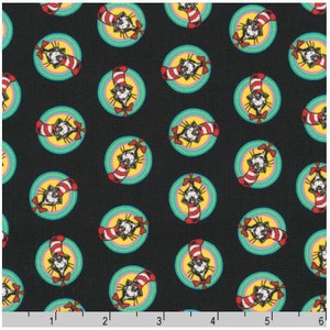 Dr Seuss Express Yourself Cat In The Hat Tossed on Black from Robert Kaufman - 100% Cotton