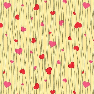 May include: A repeating pattern of red and pink hearts scattered across a pale yellow background. Thin, black, wavy lines run vertically, creating a striped effect. The hearts vary in size and are evenly distributed.