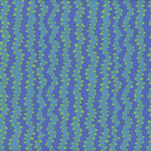 以下が含まれることがあります： 青とティール色の縦の波状ストライプの繰り返し模様で、小さな明るい緑色の円が点在しています。生地は織り込まれた素材を示唆するテクスチャード加工の外観をしています。デザインはシームレスな繰り返しです。
