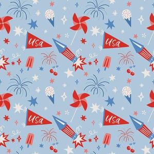 May include: A light blue repeating pattern featuring red, white, and blue illustrations of fireworks, ice cream cones, pinwheels, cherries, popsicles, and red pennant flags with the text USA printed in white script across each flag.