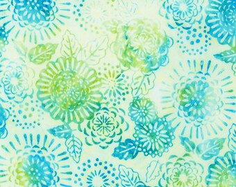 May include: A fabric with a repeating floral pattern. The design features stylized flowers in shades of teal and green, with leaves, set against a pale yellow background. The flowers have a watercolor effect.