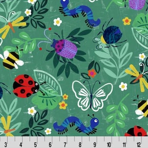 May include: A whimsical pattern featuring various insects and foliage on a green background. The design includes butterflies, ladybugs, bees, and caterpillars, along with leaves and flowers. The color palette consists of green, white, yellow, red, and blue.