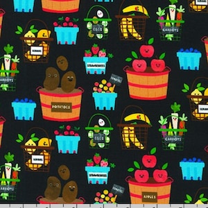 CLEARANCE-Main Farmers Market in Black by Ann Kelle from Farm to Table Collection by Robert Kaufman - 100% Cotton- You Choose the Cut