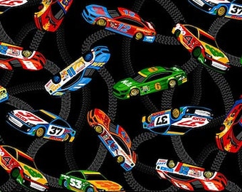 Tossed Race Cars on Black from Turbo Speed Collection by Northcott