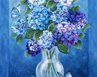 Hydrangea LARGE FABRIC PANEL in Blue from Rhapsody in Blue Collection for Northcott Fabric - 100% High Quality Quilt Shop Cotton- 27"x43"