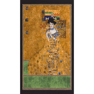 May include: A rectangular art print featuring a portrait of a woman in a gold dress with blue and yellow accents. The artwork has a gold background with a black border and a green section at the bottom. The woman wears a black hat and a blue necklace.