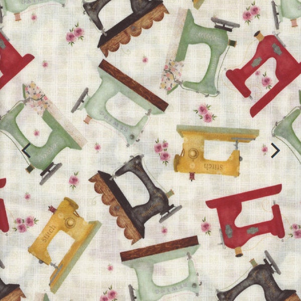 Vintage Machines in Cream from Shop Hop Collection by 3 Wishes Fabric- 100% High Quality Cotton