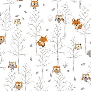 May include: A white background with a repeating pattern of brown owls, foxes, and hedgehogs on bare tree branches. The animals are drawn in a simple, cartoon style.