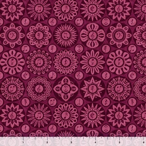May include: A seamless fabric pattern featuring a repeating design of pink musical notes and circles on a deep burgundy background.