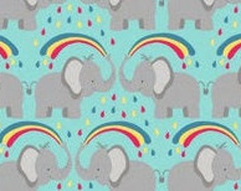 Rainbow Elephants in Minty Blue from Rainbow Collection for Lewis & Irene Fabric- 100% Cotton