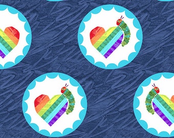 The Very Hungry Caterpillar Bright- Rainbow Hearts in Dark Blue by Andover Fabric