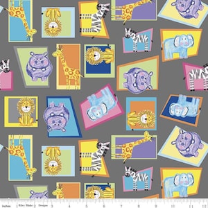 May include: A gray fabric with a repeating pattern of colorful geometric shapes containing illustrations of animals. The animals include a giraffe, zebra, hippopotamus, lion, and elephant. The fabric is designed for quilting and crafting.