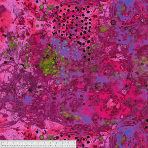 May include: Abstract fabric with a vibrant mix of colors. The design features splatters, dots, and circular patterns in shades of pink, magenta, purple, green, and blue. A ruler is at the bottom of the image.