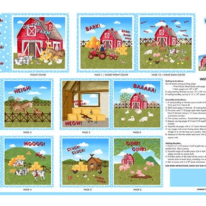 May include: A colorful fabric book for children featuring farm animals and a red barn. The book is titled "On the Farm: A Soft Book" and includes instructions for assembling the book.