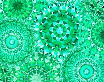 May include: Abstract green and blue geometric pattern with repeating circular designs. The pattern is made up of various shades of green and blue, with a hint of white. The design is reminiscent of a kaleidoscope.