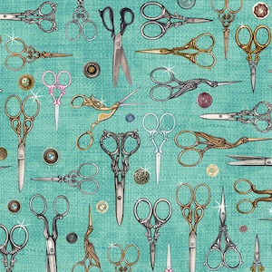 Scissors in Blue from the Just Sew Collection by ©Dan Morris for QT Fabrics - 100% Cotton