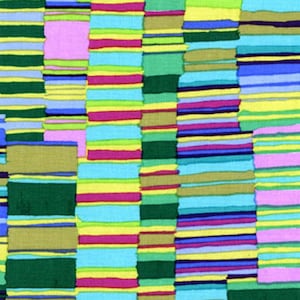 May include: Abstract pattern fabric with colourful stripes in shades of green, blue, yellow, pink, and purple. The stripes are arranged in a random pattern, creating a modern and geometric design.