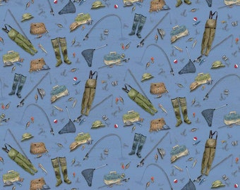 Tossed Fishing Gear in Blue from At the Lake Camping Collection by Riley Blake Fabric - 100% Cotton
