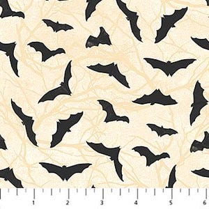 May include: A cream-coloured fabric with a repeating pattern of black bat silhouettes. The bats are flying in different directions and are scattered across the fabric.