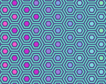 May include: A repeating pattern of teal blue hexagons with a purple, pink, and blue inner hexagon. The pattern is a repeating geometric design.