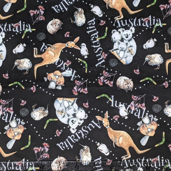 MINKY PLUSH FABRIC - Australia Animal Toss in Black - Kangaroo, Kiwi, Koala, Platypus, Kookaburra, Wombat - 2.5mm pile