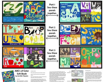 Peut inclure: Un modèle de courtepointe alphabet coloré avec des illustrations d'objets et d'animaux. La courtepointe est divisée en trois sections, chacune avec un titre : "Partie 1", "Partie 2" et "Partie 3". Chaque section comprend des instructions pour coudre les panneaux ensemble. La courtepointe est intitulée "ABC's of Color Soft Book" par Jennifer Heynen.