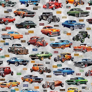 Hot Rods in Gray from the Heavy Metal Collection by Morris Creative Group for QT Fabrics - 100% Cotton