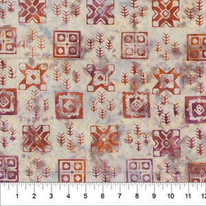 May include: Fabric with a repeating pattern of geometric shapes and stylized trees in shades of orange, red, and purple on a cream background. A ruler is at the bottom, showing measurements in inches.