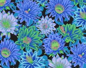 May include: A black background with a repeating pattern of blue and green flowers. The flowers are stylized and have a geometric design. The flowers are in various shades of blue and green, with some having pink accents.