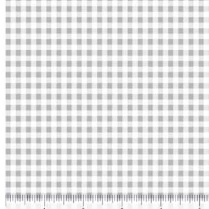 Puede incluir: Tela de cuadros vichy blanca y gris con un patrón repetitivo de cuadrados pequeños. La tela se mide en pulgadas.