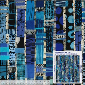 May include: Abstract fabric design in shades of blue, featuring vertical rectangular patterns with various textures and shapes. The design includes stripes, dots, and other geometric elements. The repeat size is 44" x 42".