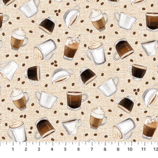 Tossed Coffee Drinks in Cream from Cafe Culture Collection by Nina Djuric for Northcott Fabric - 100% High Quality Quilt Shop Cotton