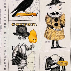 May include: A fabric panel with vintage Halloween illustrations. The design includes a black crow, a witch, a child with a cotton candy cone, and a torso holding signs that say "Tricks" and "Treats". The text "Cotton" is also visible.