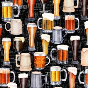 以下が含まれることがあります： 黒色の背景に、さまざまなスタイルと色のビールグラスとマグカップが並んでいます。背景のテキストには、ビールの種類と説明が書かれています。