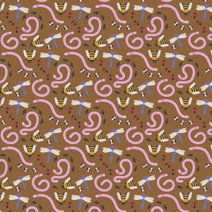 May include: A seamless pattern featuring a variety of insects and worms on a brown background. The pattern includes pink earthworms, blue dragonflies, yellow and black bees, and red ladybugs.