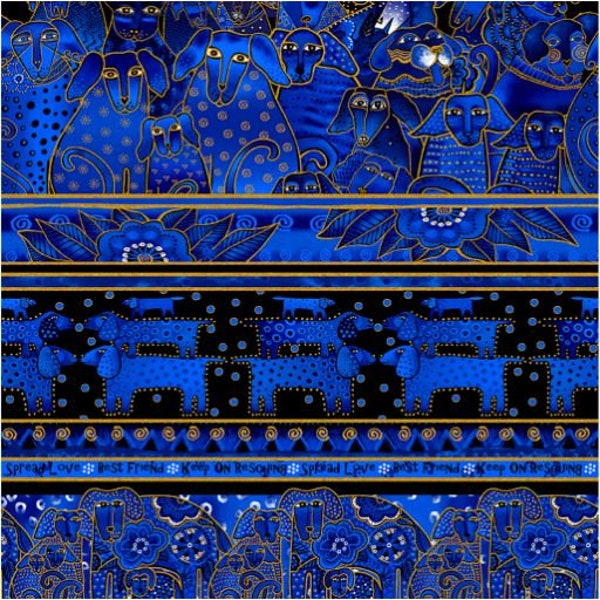 Kindred Canines Pictorial Stripe Royal Blue Metallic by Laurel Birch for Clothworks