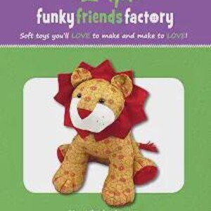May include: A plush lion toy with a yellow and orange floral patterned body, a solid red mane, and a white muzzle. The text on the packaging reads Funky Friends Factory, 12 inch Soft Toy Lion, and Larry the LION. The toy has dark eyes.
