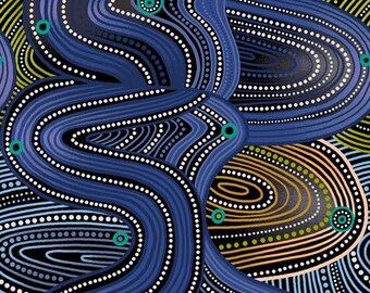 Aboriginal Swirls in Blue from Walkabout Collection by Paintbrush Studio Fabric- 100% Quilt Shop Cotton