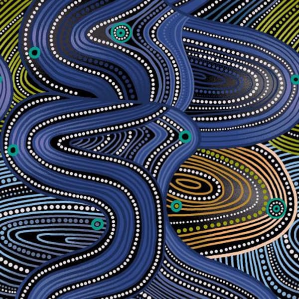 Aboriginal Swirls in Blue from Walkabout Collection by Paintbrush Studio Fabric- 100% Quilt Shop Cotton