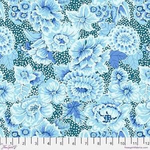 May include: A fabric with a floral pattern in shades of blue and white. The design features large, stylized flowers and leaves against a dark teal background with small white polka dots. The text "Free Spirit" and "freespiritfabrics.com" are visible.