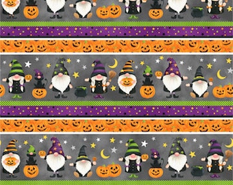 Tecido de Halloween - Listras de Gnomos de Halloween em Cinza Multicolorido da Coleção Noite dos Gnomos para Northcott Fabrics - 100% Algodão para Quilting