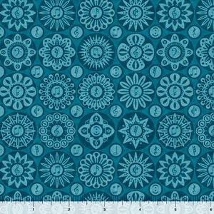 May include: Teal blue fabric with a repeating pattern of musical notes and stylized floral designs. The fabric has a textured, slightly distressed look.