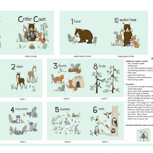 May include: A colorful illustrated soft book for children featuring woodland animals and numbers. The book has a blue background with green foliage and animals such as a bear, deer, fox, squirrel, raccoon, bunny, owl, and butterfly. The book is titled "Critter Count: A Soft Book By Smd".