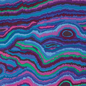 May include: Abstract art print featuring a swirling pattern of blue, purple, pink, and green lines. The lines create a layered effect, resembling a geological formation.